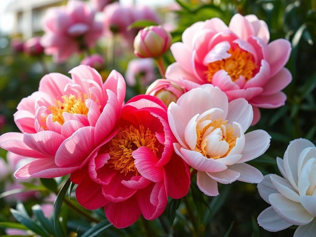 Herbaceous, tree, and Itoh peonies in a garden landscape.	