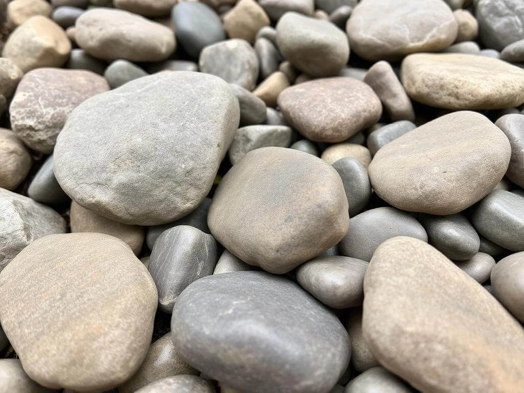 River rock landscaping in a garden bed showcasing smooth stones