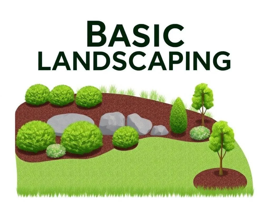 Basic landscaping design featuring shrubs, grass, and trees.