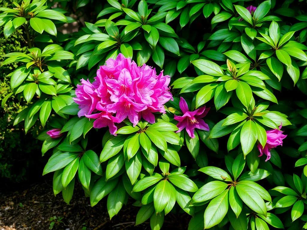 Rhododendron thriving in shade garden