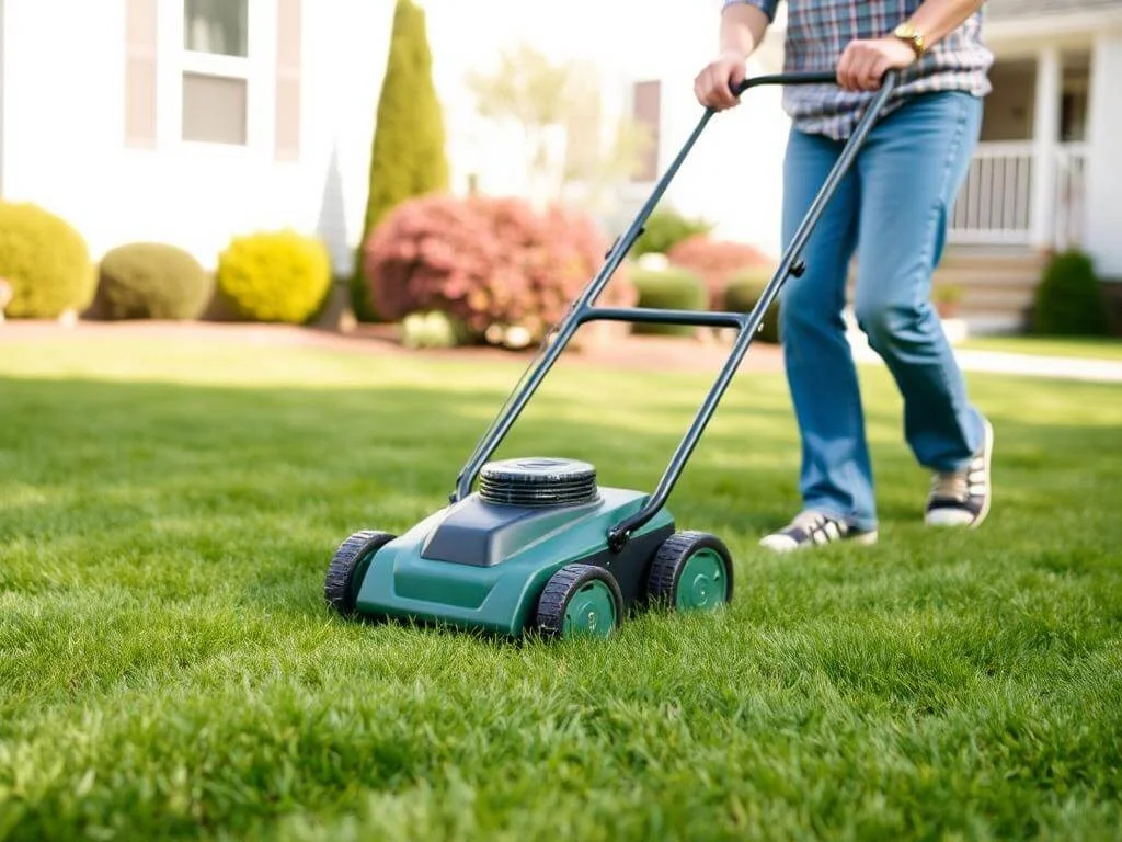 Homeowner performing lawn maintenance with a push mower