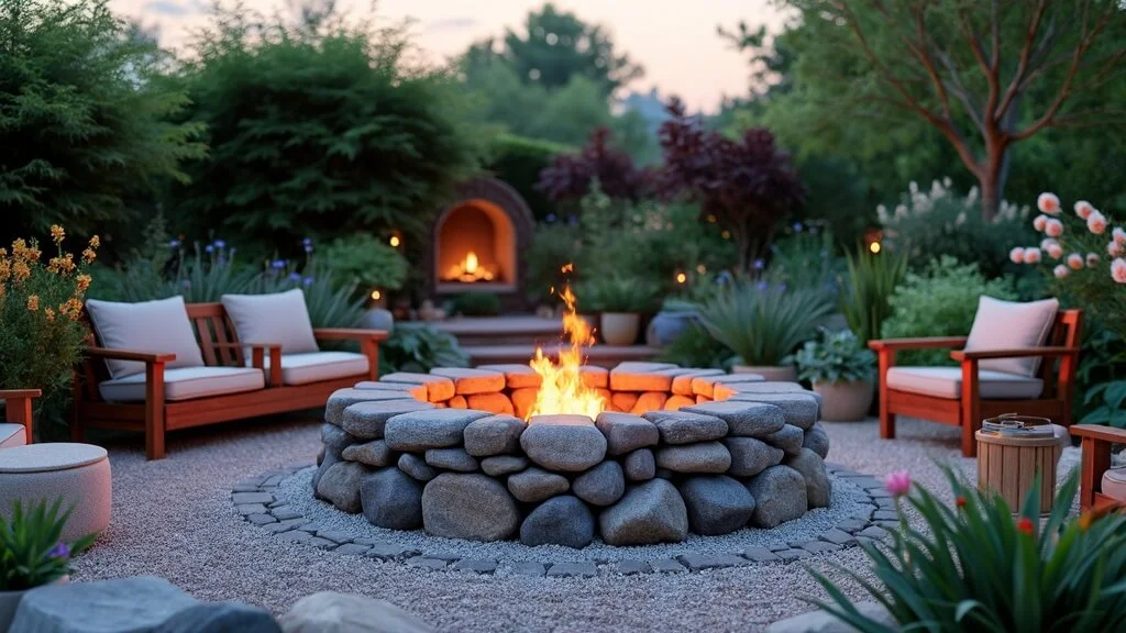 Cozy fire pit in a well-landscaped backyard