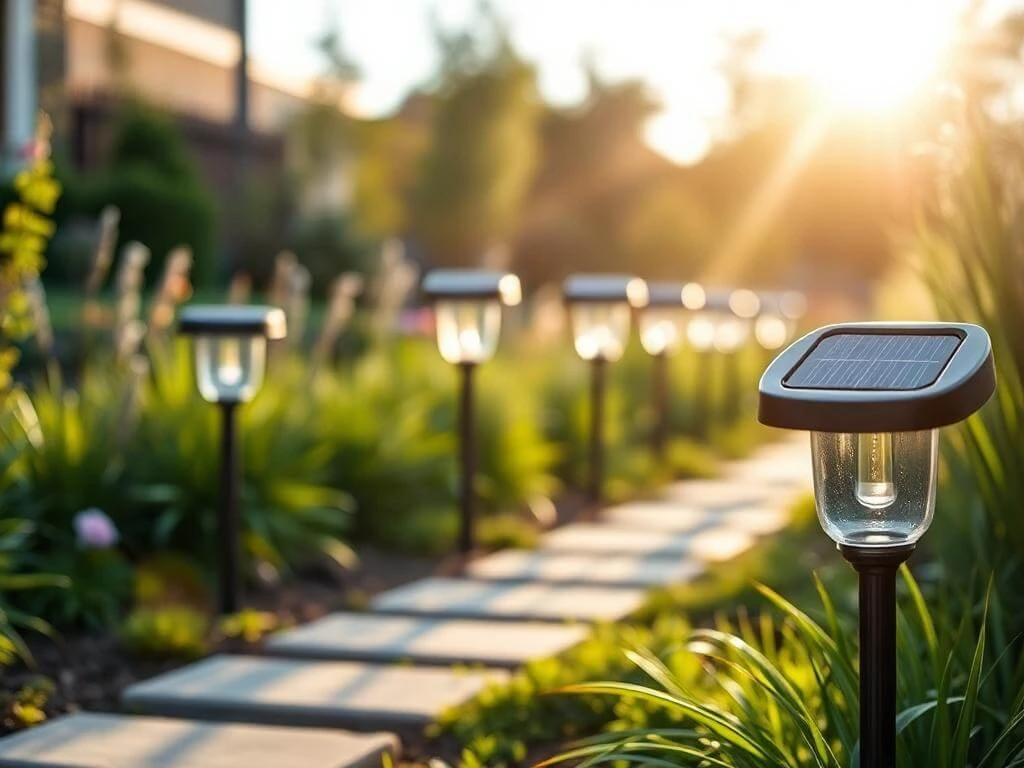 Solar landscape lights along a garden pathway with sunlight