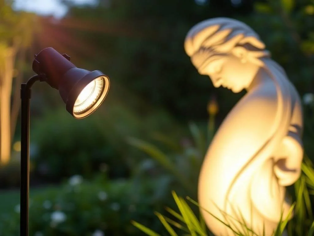 Spotlight used for landscaping lighting highlighting a garden sculpture.	