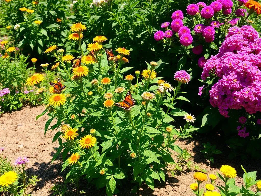 Sunny garden with butterfly bushes.	