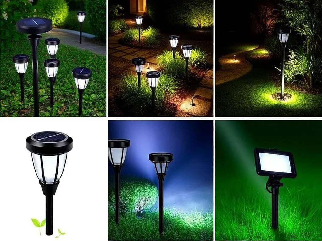 Different types of landscaping lighting used around a garden.	