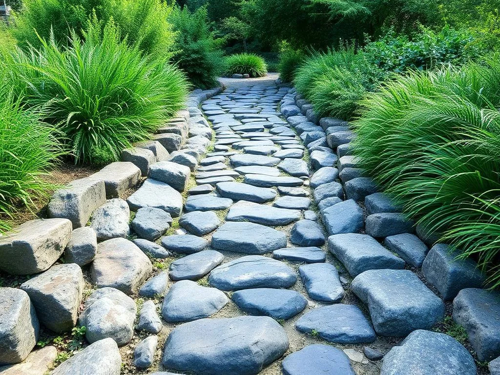 River rock landscaping in a garden bed showcasing smooth stones