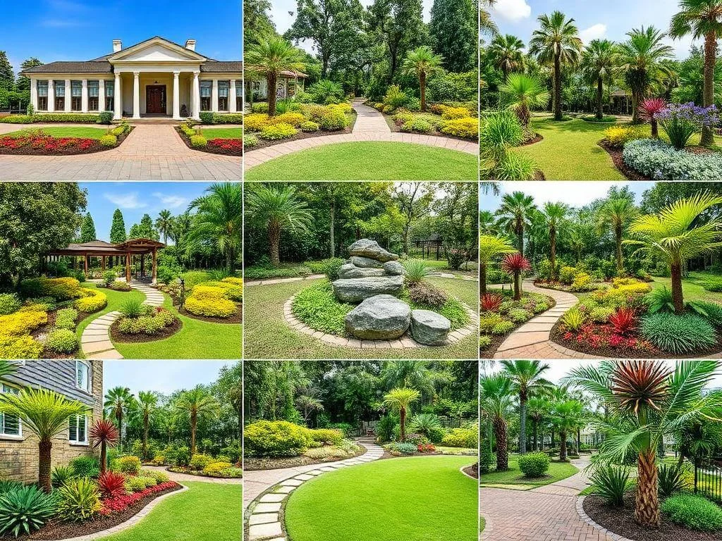 Various landscaping styles such as formal, tropical, and naturalistic gardens.