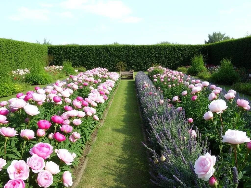 Formal garden design with symmetrical peony borders.	