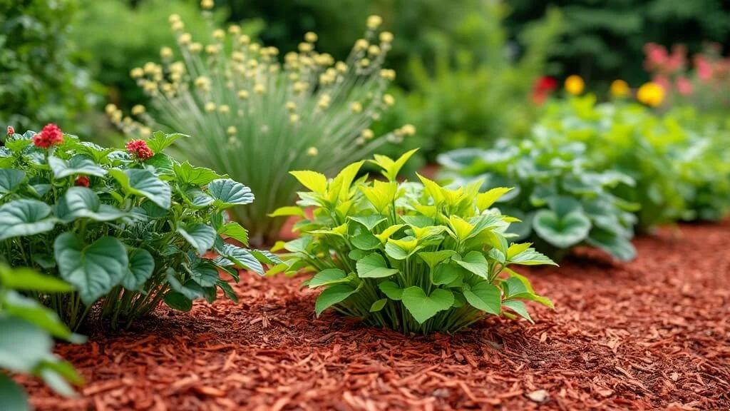 Red mulch in a garden with healthy plants