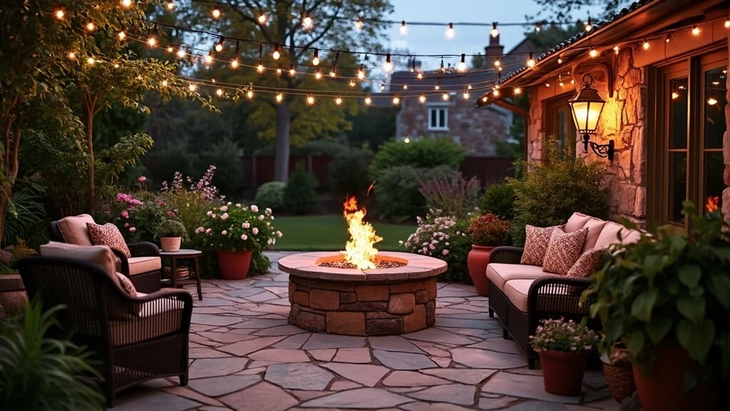 Flagstone patio with fire pit	