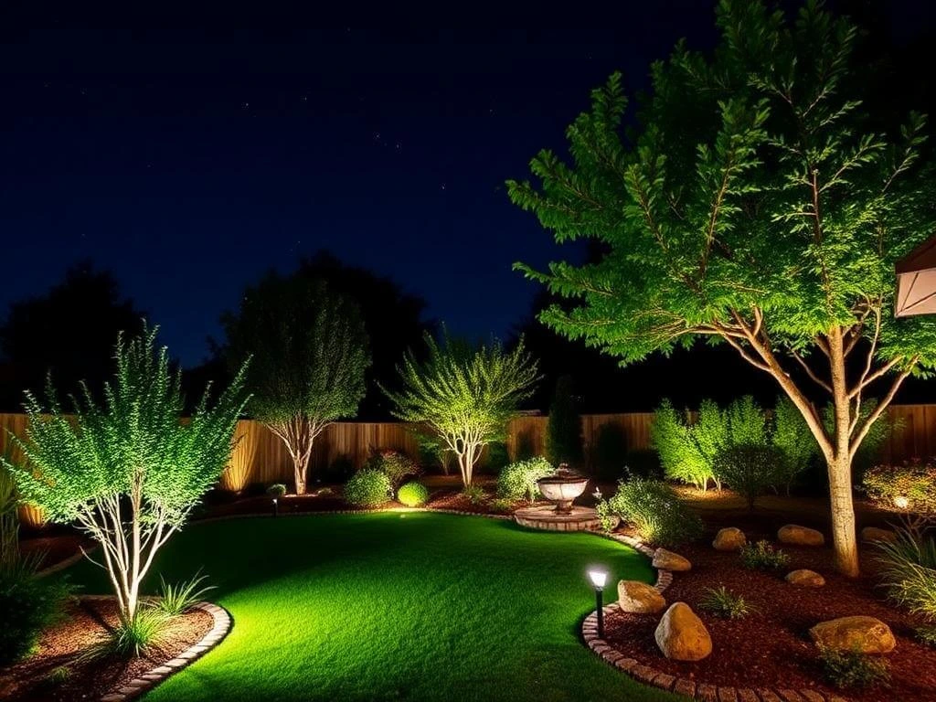 Solar landscape lighting highlighting backyard trees and plants at night
