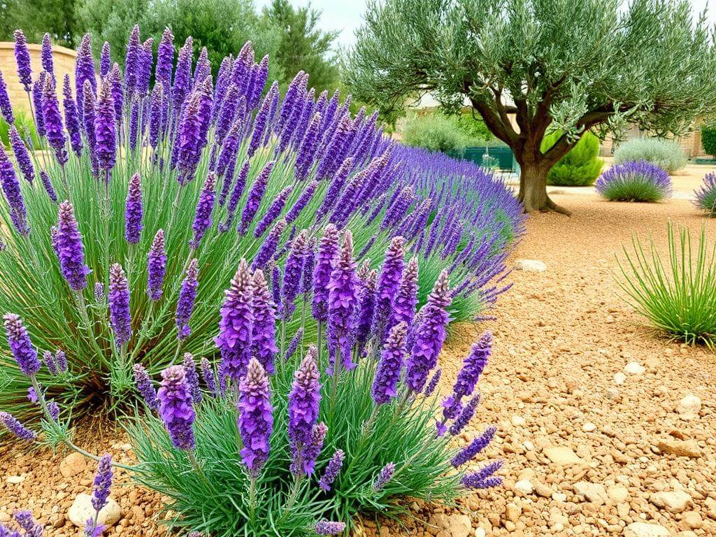 Mediterranean garden featuring Salvia greggii and other drought-tolerant plants.	