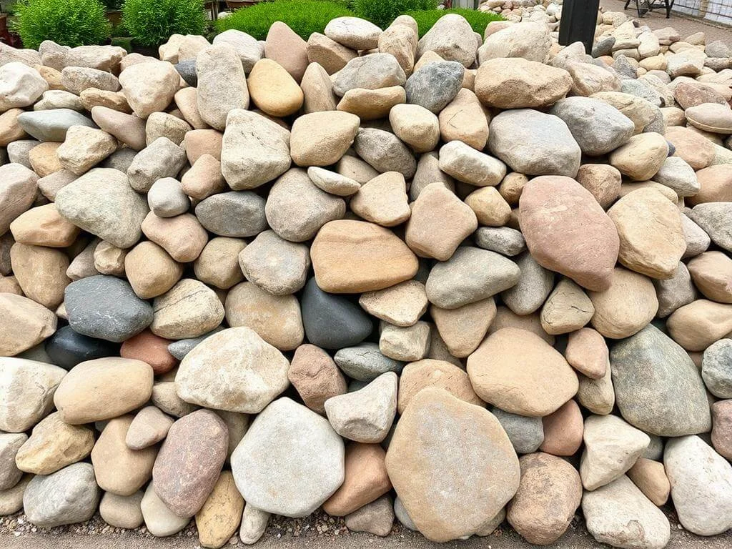 Creative river rock landscaping pathway with lush greenery	