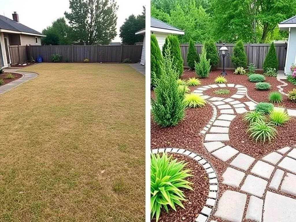 Before and after comparison of a yard transformed by landscaping.