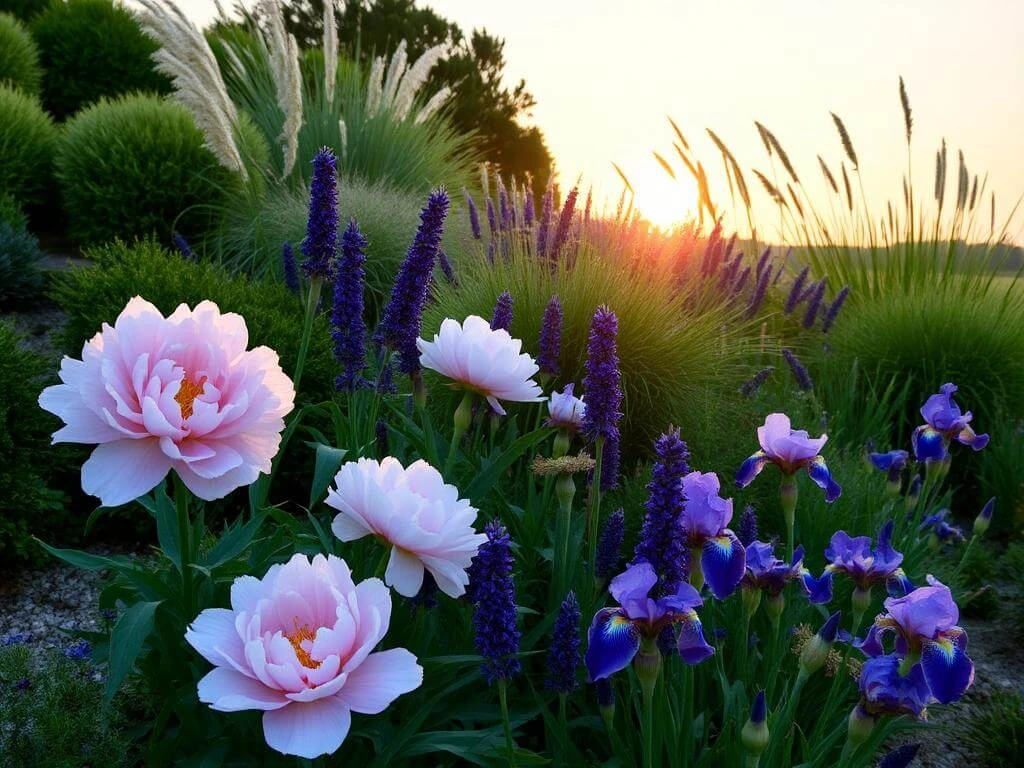 Peonies paired with lavender, irises, and grasses in a garden.	