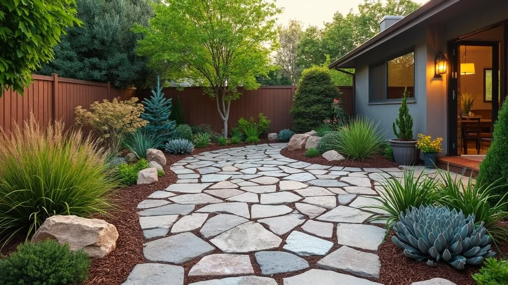 Low-maintenance yard with stone patio	