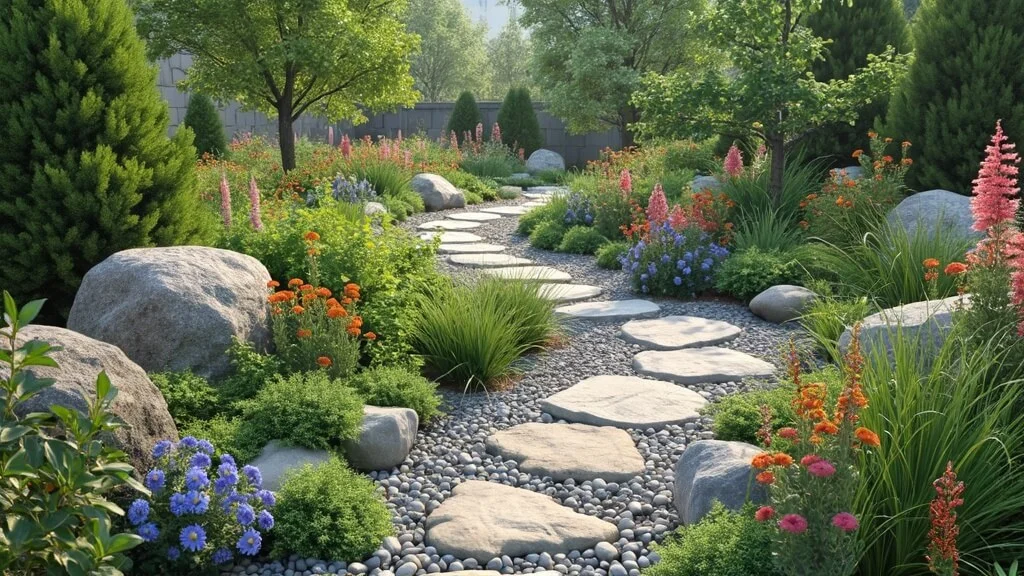 Xeriscape garden design with native plants and stones	