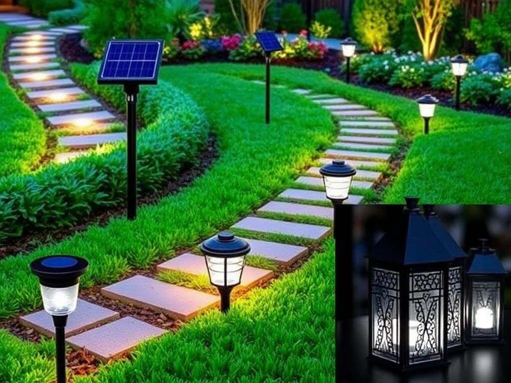 Various types of solar landscape lights including pathway lights and spotlights