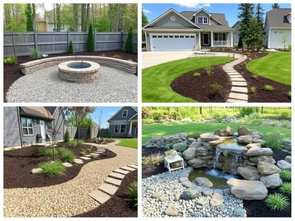 Outdoor projects featuring pea gravel: fire pit, driveway, and water feature.	