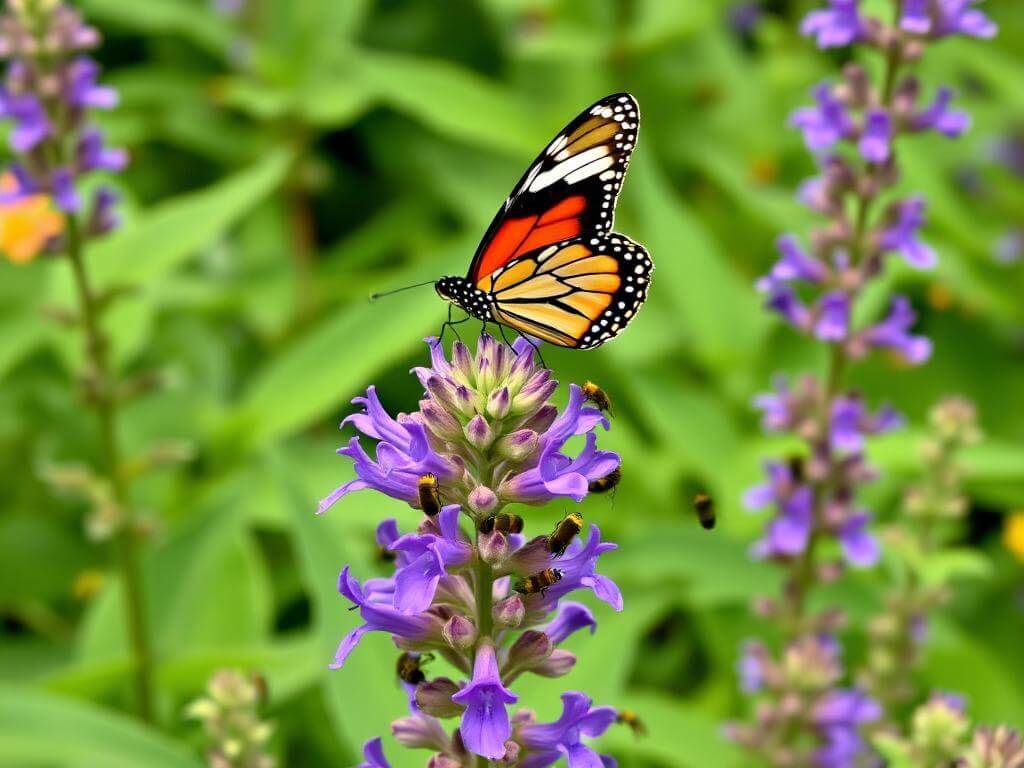 Pollinators attracted to Salvia nemorosa in a garden.	