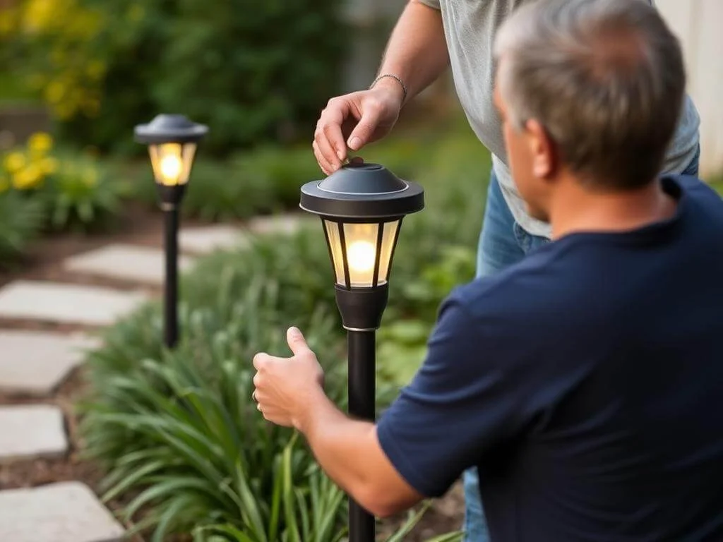 Installing a landscaping lighting path light in a garden.	