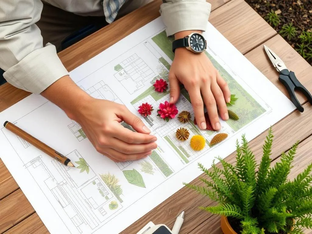 Landscaping designer planning a garden layout with plant samples.