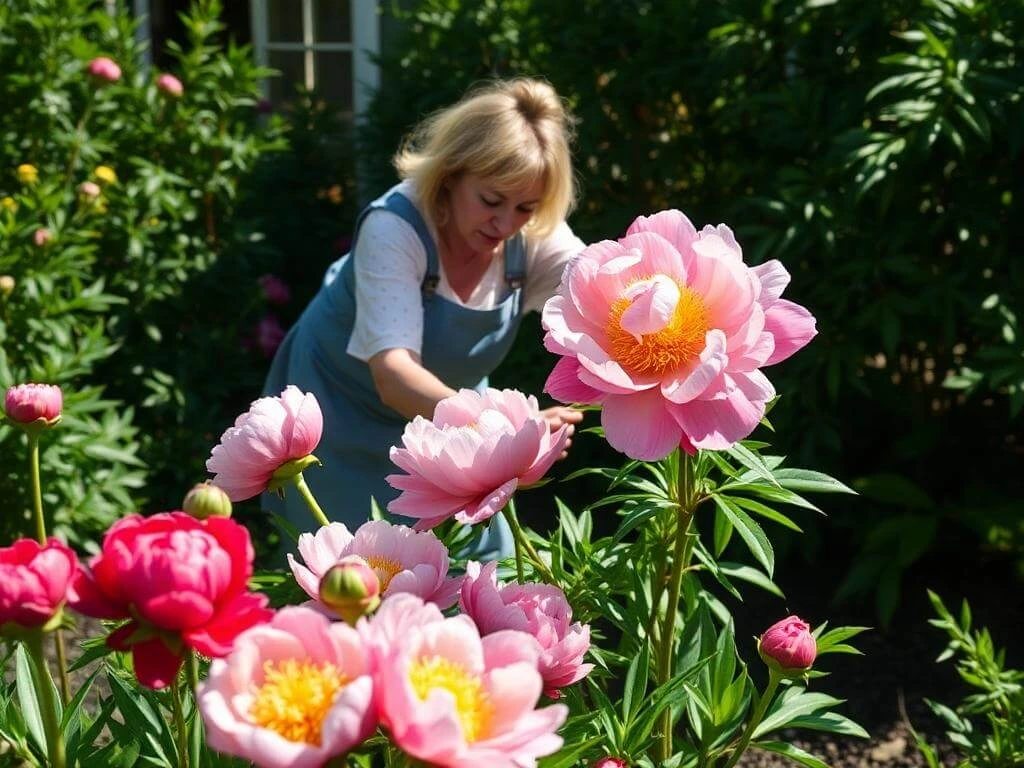 Gardener maintaining peonies with deadheading and staking.	