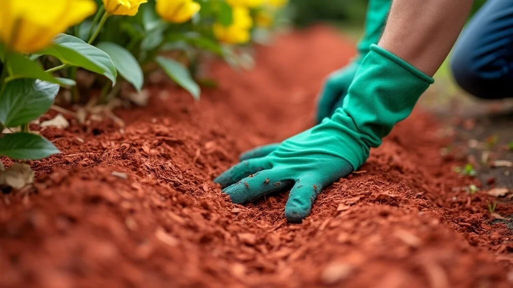 Gardener applying fresh red mulch to flower beds