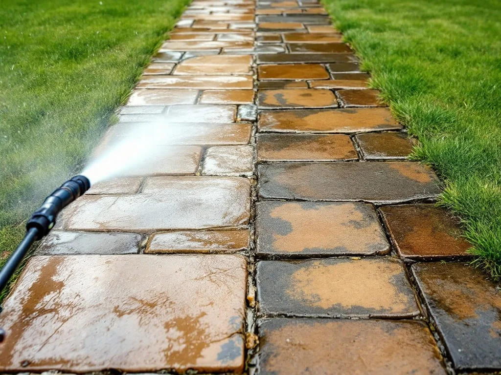 Pressure washing hardscaping materials