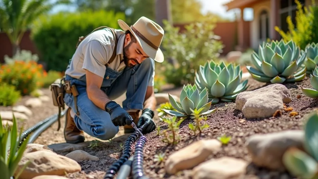 Gardener adjusting drip irrigation in xeriscape	