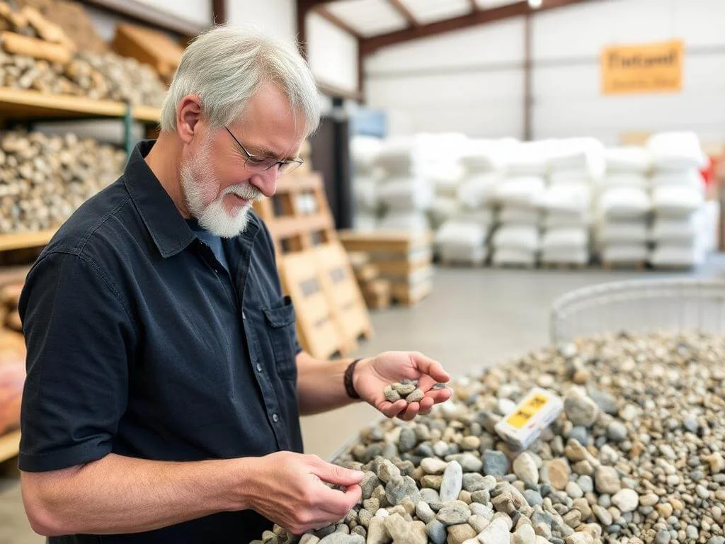 Homeowner choosing gravel rock samples.	