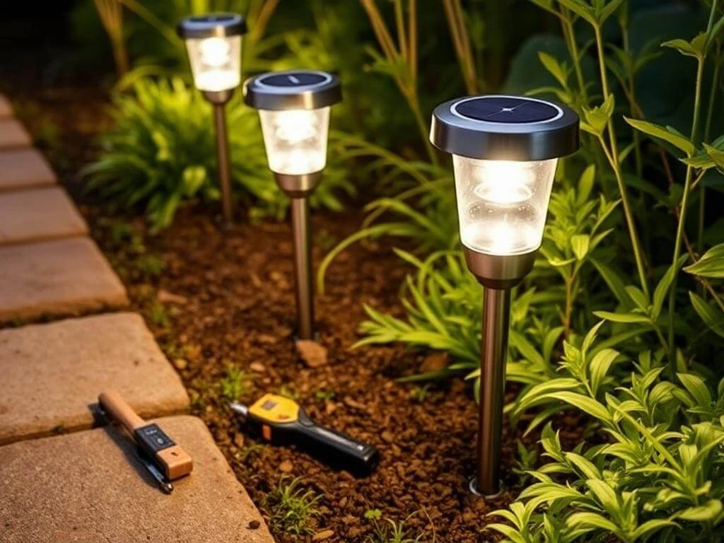 Installing solar landscape lighting along a garden path