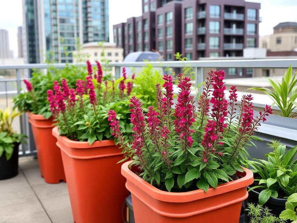 Urban garden with Salvia ‘Hot Lips’ in containers.	