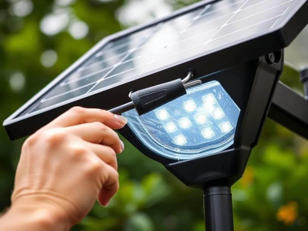 Cleaning a solar landscaping lighting fixture.	