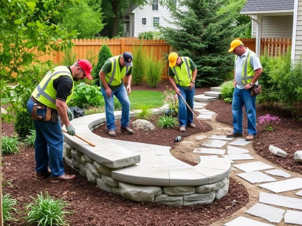 Professional landscapers installing hardscape features like a patio.