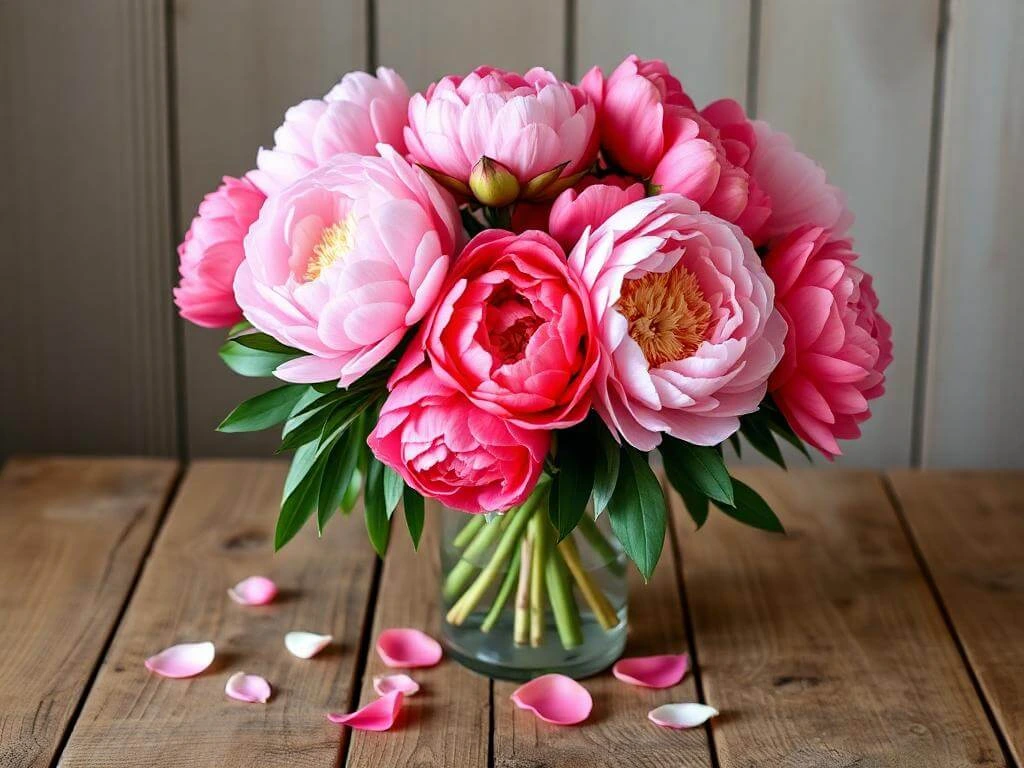 Cut pink and coral peonies in a glass vase for decoration.	