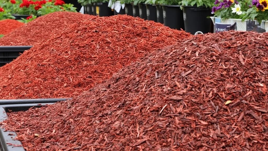 Different types of red mulch at a garden center