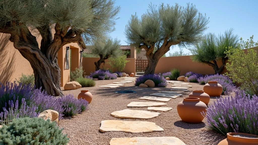 Mediterranean xeriscape with olive trees and lavender	