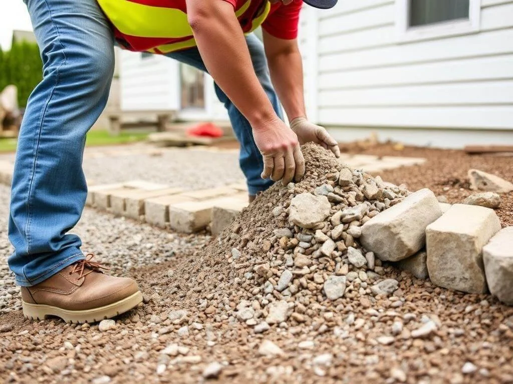 Compacting gravel rock for patio installation.	