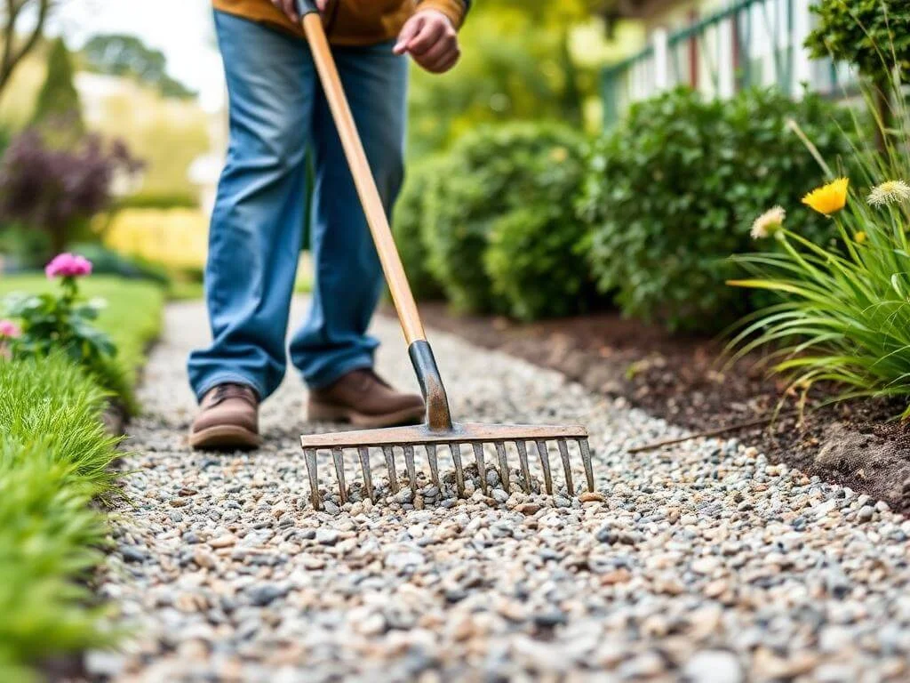 Maintaining gravel rock pathway.	