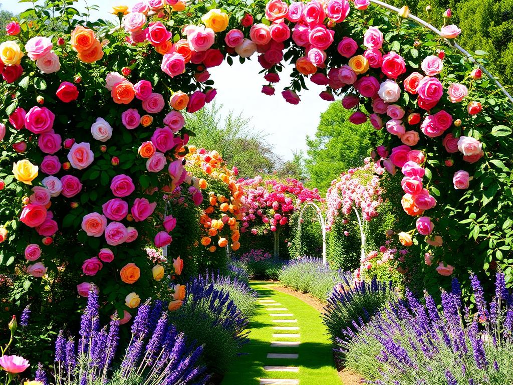 A vibrant rose garden with climbing roses on an archway, shrub roses along a pathway, and lavender.