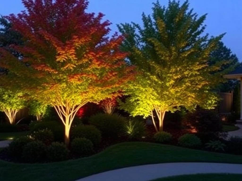 Accent lighting on trees and shrubs