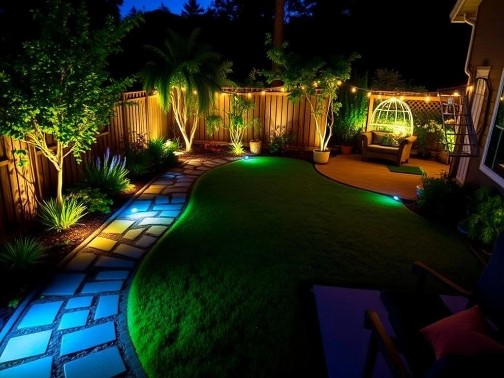 Backyard with energy-efficient low voltage lights	