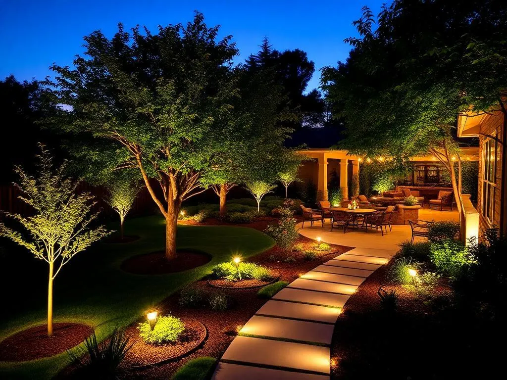 Beautifully lit garden at twilight