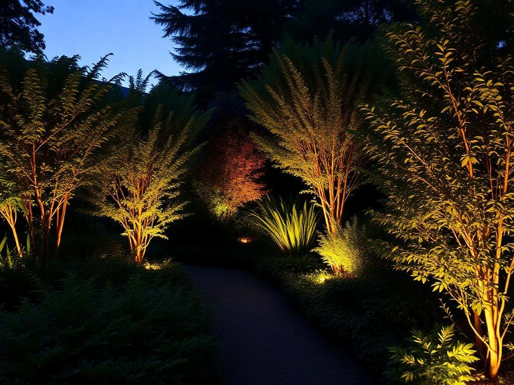 Garden with soft low voltage lighting glow	