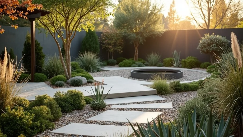 Low-maintenance landscaping with stone path and water feature