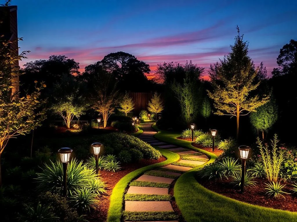 Landscaping lighting illuminating a beautiful garden at night.