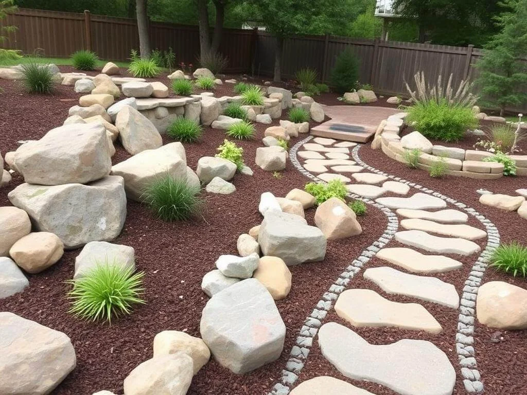 River rock landscaping in a backyard with pathways and garden beds