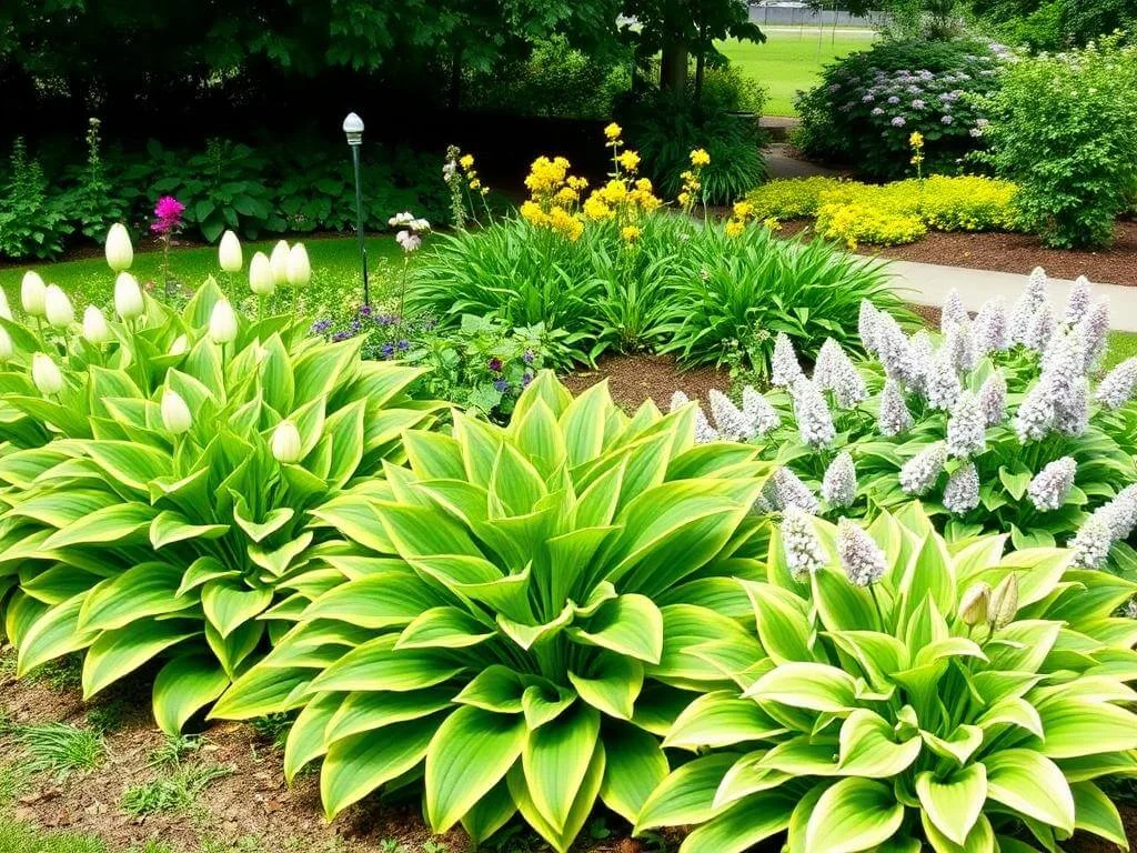 Hosta landscape uses in a vibrant garden with varied foliage and colors